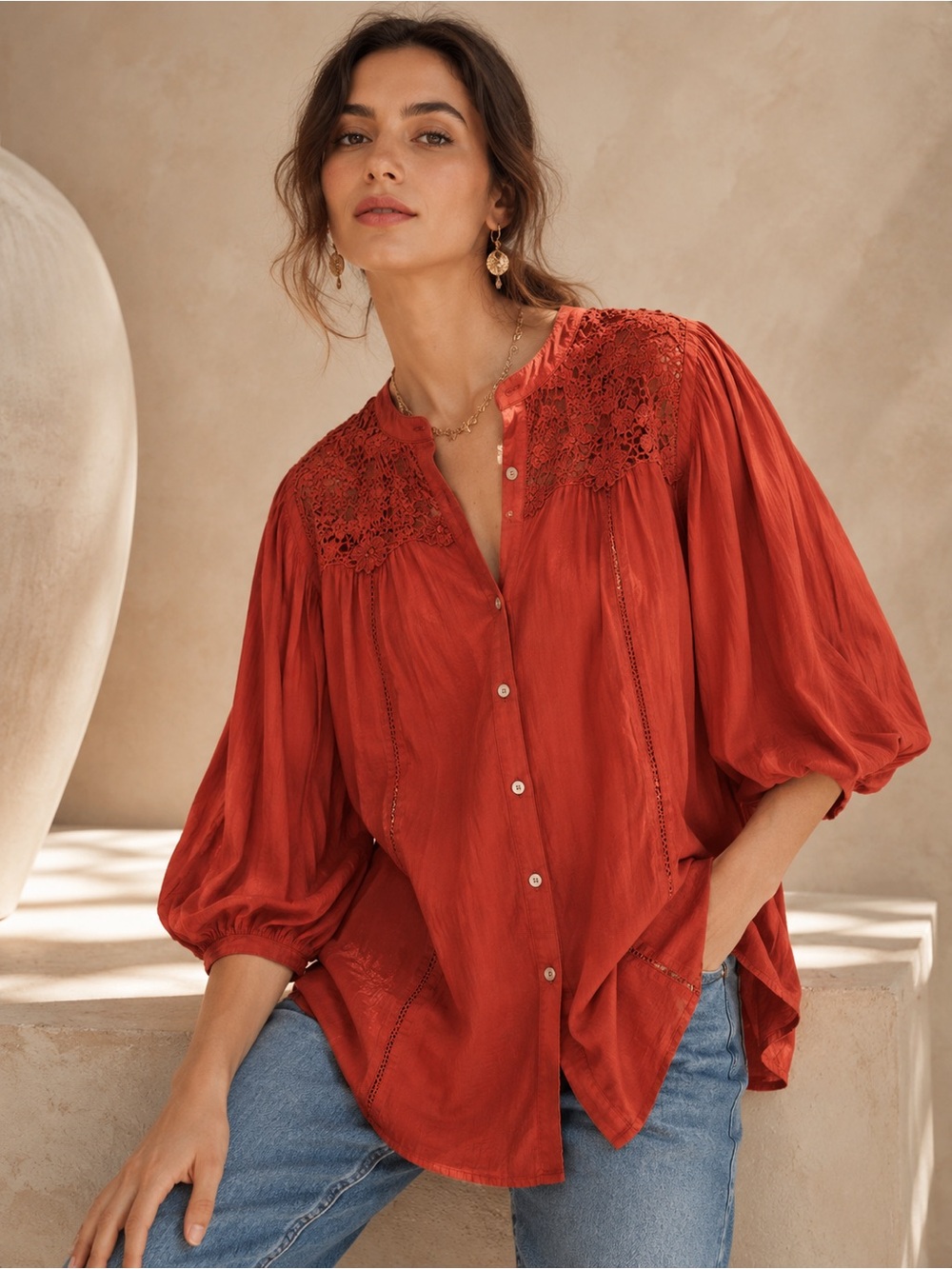 Rust Crochet Lace Linen Blend Boho Blouse Size L Figueroa & Flower